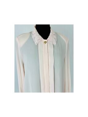 Vintage Sheer Pink Lace Embroidered Collar Shirt Blouse Size 10 Medium Romantic